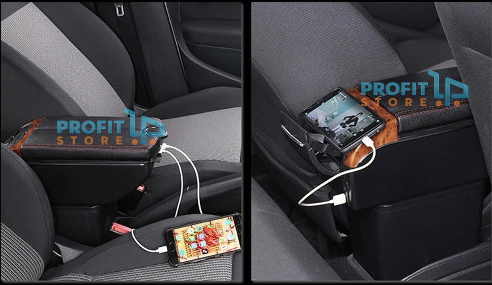 Premium Κονσόλα Χειρόφρενου & Πολύ Φορτιστής USB με Εσωτερικό Φωτισμό, Ποτηροθήκη, Τασάκι Universal Στήριγμα αγκώνα για ανάμεσα στα καθίσματα - Τεμπέλης Αυτοκινήτου Μαύρο με Σχέδιο Ξύλου